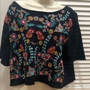 Zara Knit Bead Embroidered Black Floral Women's Top